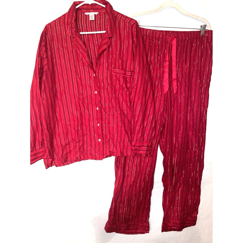 Victoria's Secret flannel long pajama set Size XL red Gold Metallic Stripes 2pc